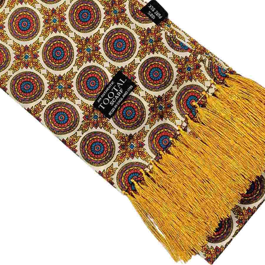 Tootal silk scarf with wheel motif and golden ochre fringe