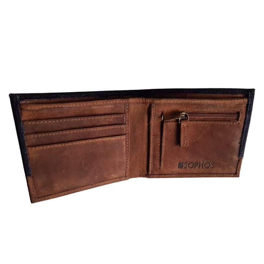 unfolded canvas and leather wallet showing  2 note pockets, 2 receipt pockets and 8 card slots.