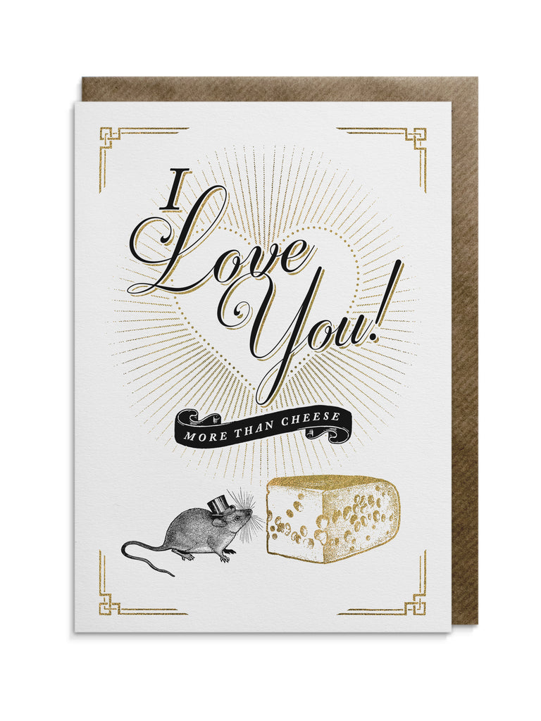 Greetings card by Divine Savages with the words 'I love you more than cheese!' supplied with a brown kraft envelope and cello wrap. Click to shop now at Eclectic Hound.