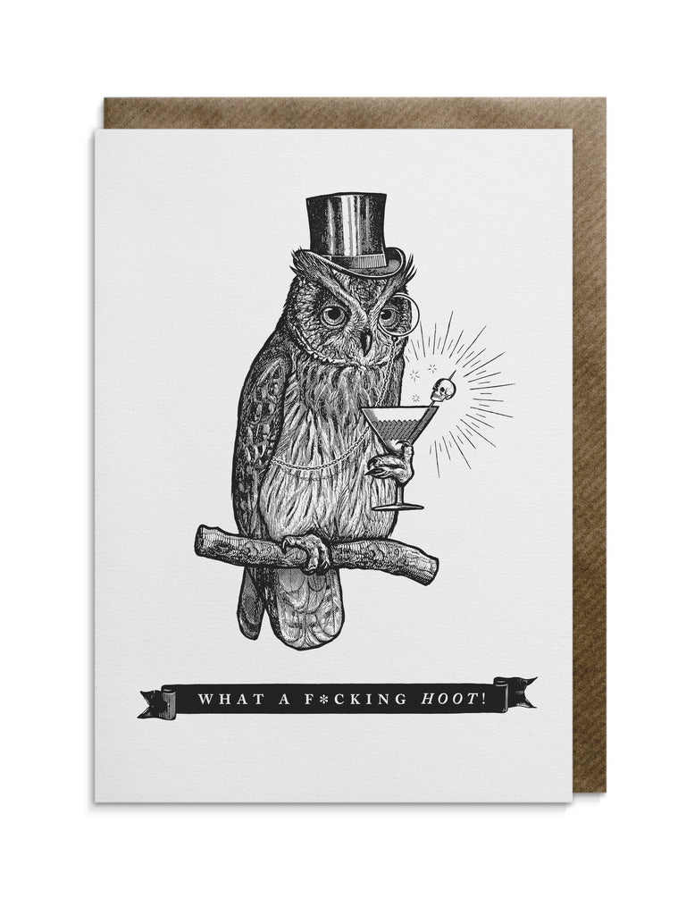 Greetings card by Divine Savages with the words "what a f*cking hoot" supplied with a brown kraft envelope and cello wrap. Click to shop at Eclectic Hound. 