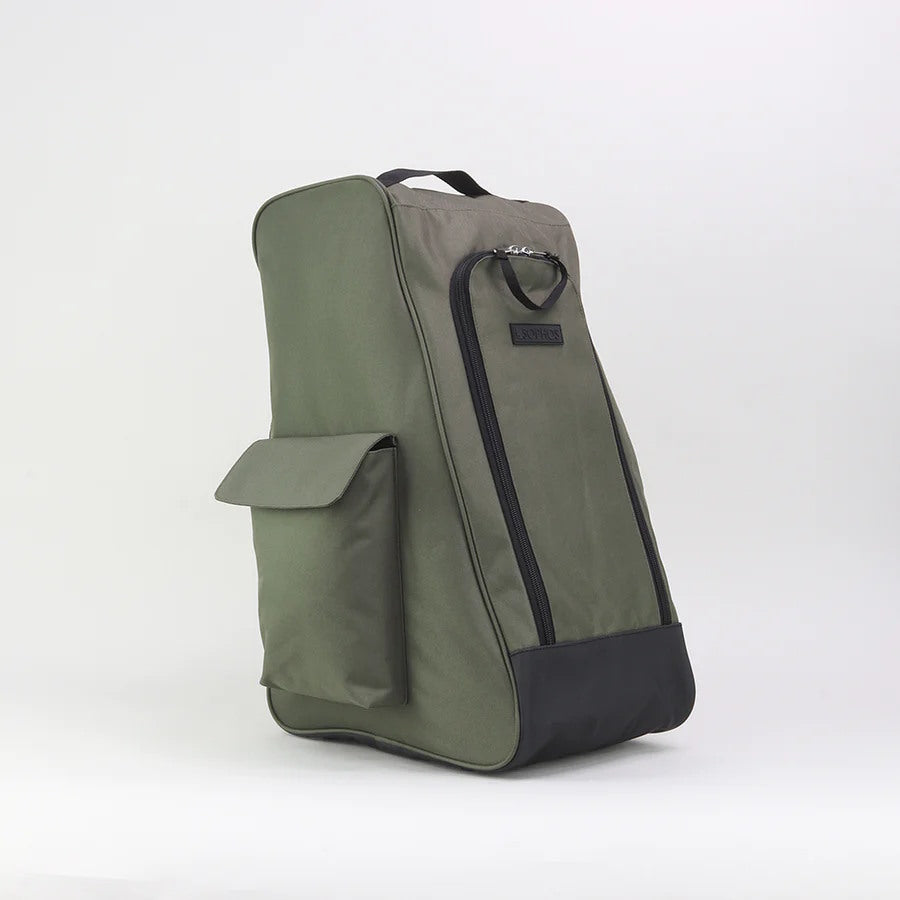 left side view of green pvc wellington boot bag with double zip closer, side pockets and carry handle