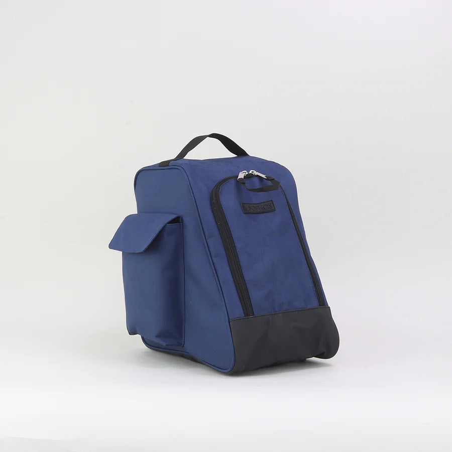 left side view of navy pvc walking boot bag with double zip closer, side pocket and carry handle