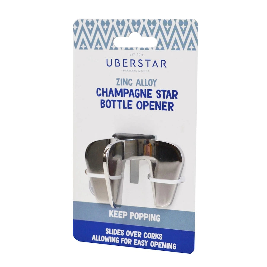 champagne star shaped bottle opener on cardboard card packaging