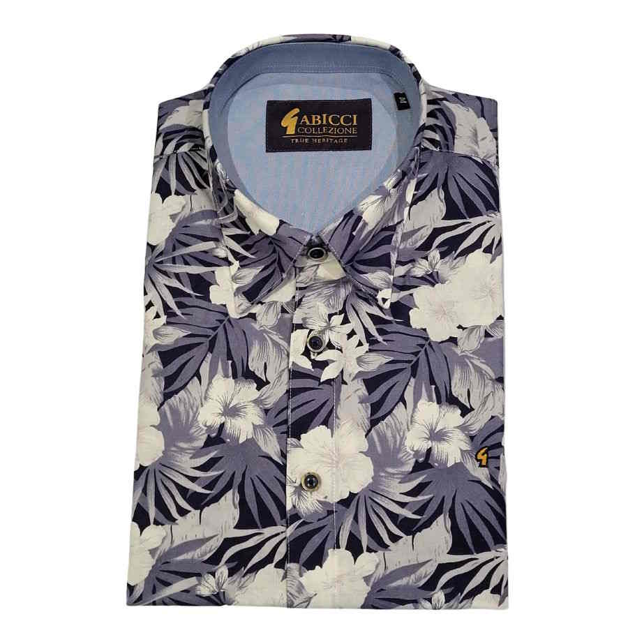mens Hawaiian style short sleeve cotton shirt with palm leave and hibiscus flowers 