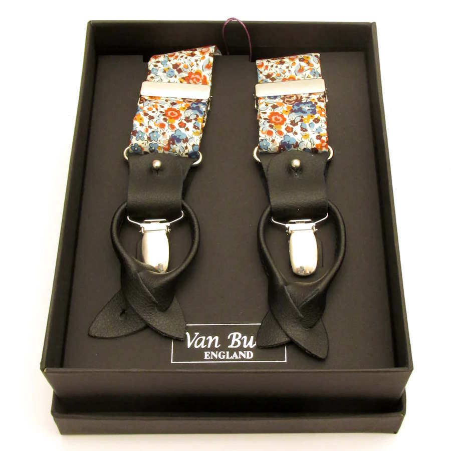 Emma and Georgina Liberty fabric braces. The have both a clip or button option. Comes in gift box
