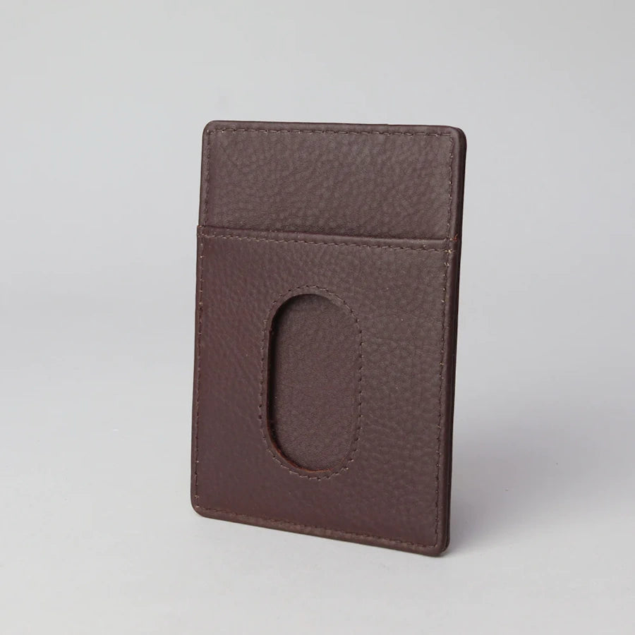 rear of smooth brown pebble grain leather card holder with single card slot and oval cut out for ease of releasing the card from the slot