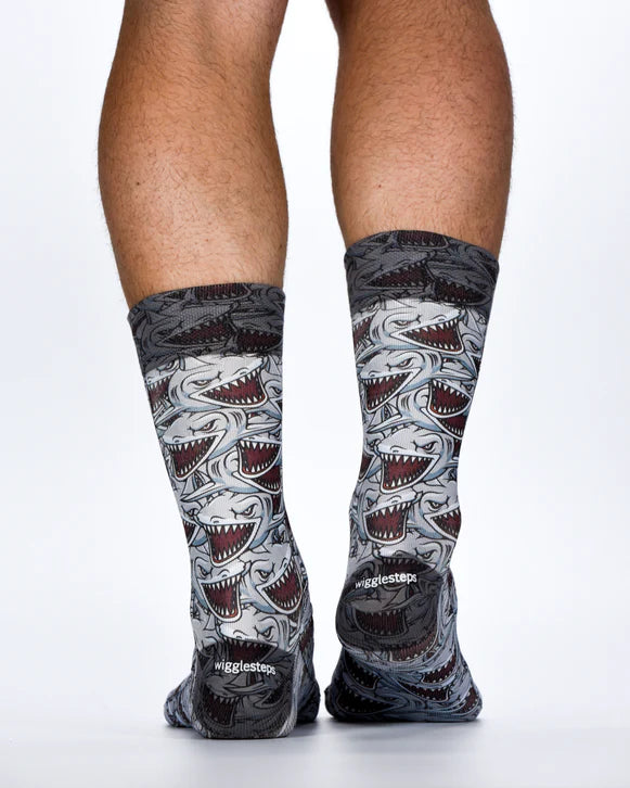 mens socks with all over print of grey sharks viewed from back