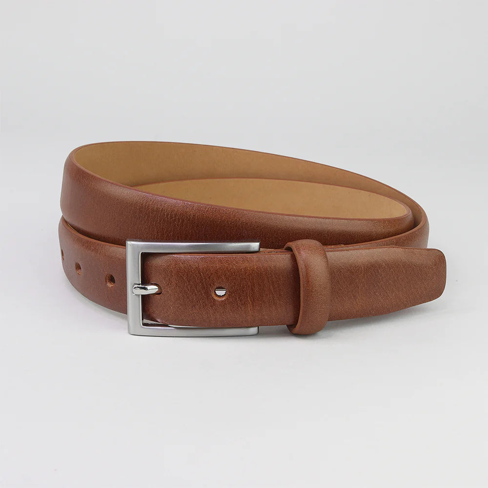 30mm tan coloured leather formal belt with silver buckle