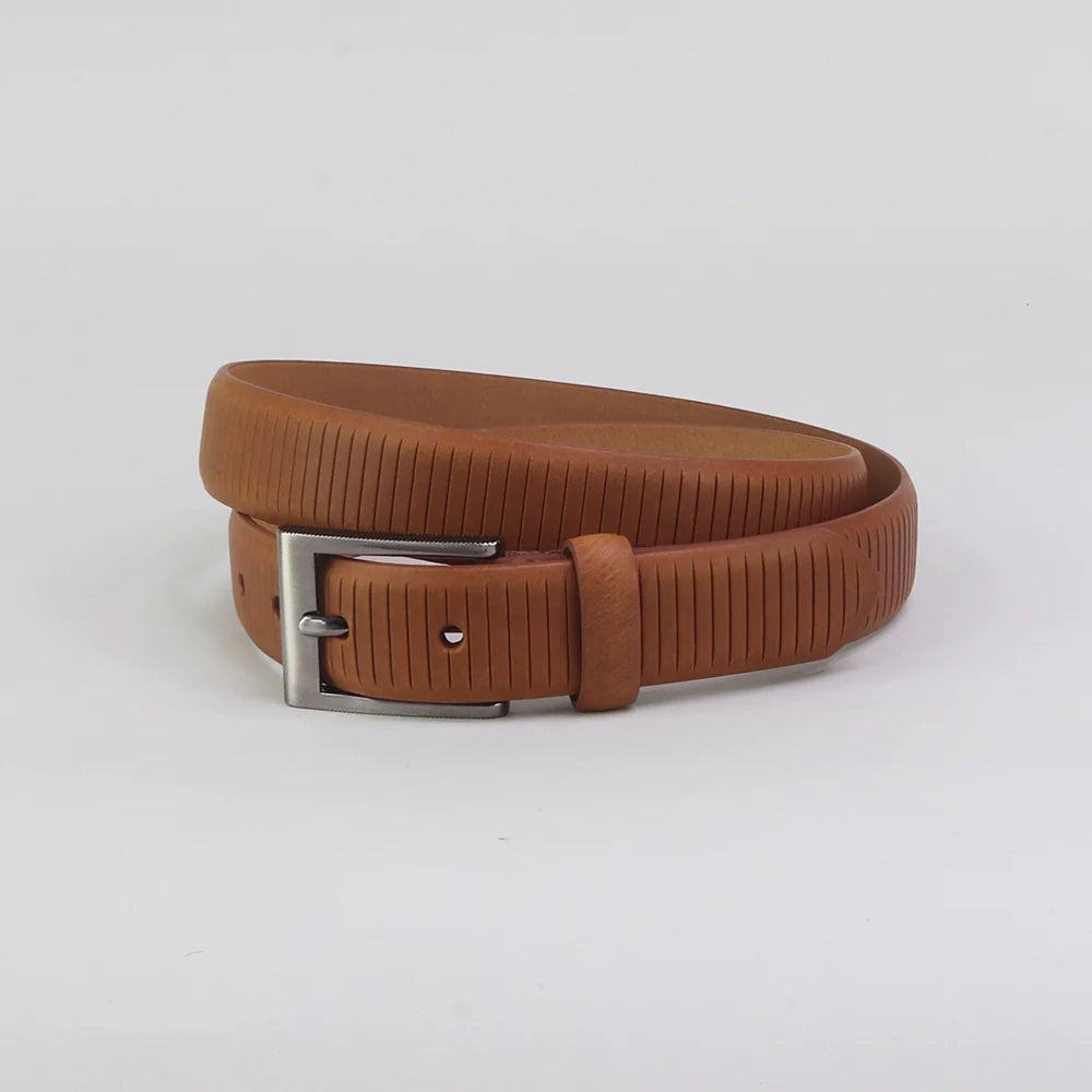 30mm wide mens tan leather formal belt with slit pattern and silver buckle