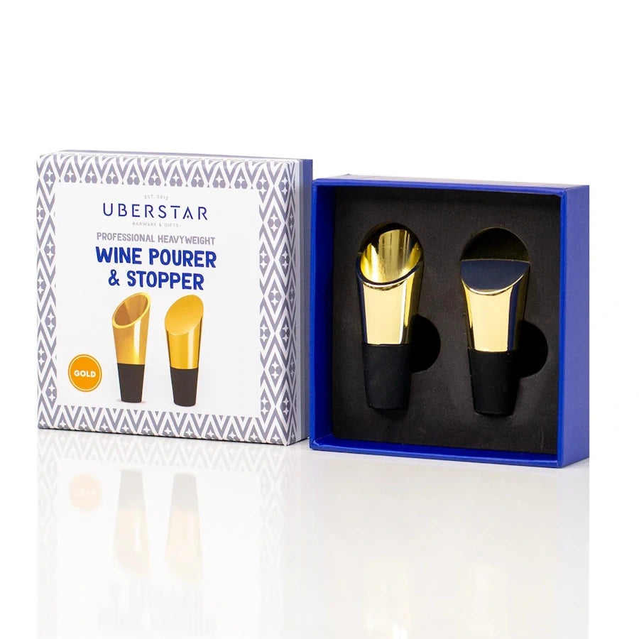 heavyweight wine stopper with a gold polished mirror finish with black silicon base and a non-drip pourer with a gold polished mirror finish with black silicon base in cardboard packaging