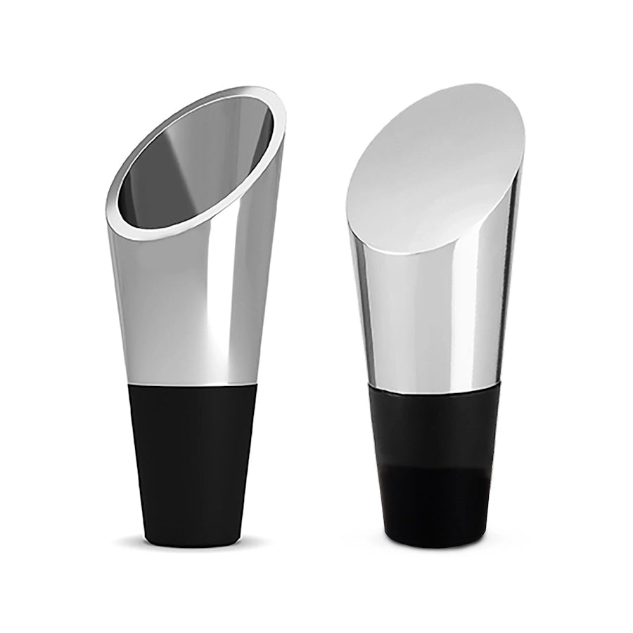 heavyweight wine stopper with a gold polished mirror finish with black silicon base and a non-drip pourer with a silver polished mirror finish with black silicon base