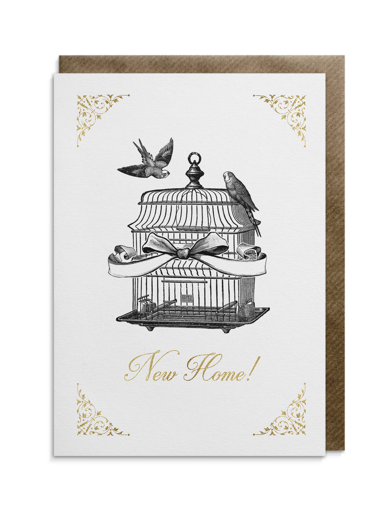 Greetings card by Divine Savages with the words "new home" Printed on luxurious FSC certified 300gsm un-coated textured paper, supplied with a brown kraft envelope and cello wrap. Click to shop.
