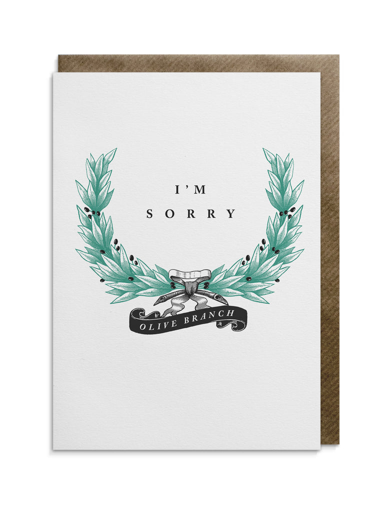 Greetings card by Divine Savages with the words 'I'm sorry... olive branch' supplied with a brown kraft envelope and cello wrap. Click to shop now at Eclectic Hound.