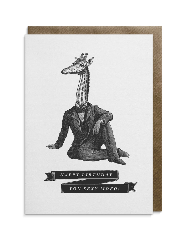 Greetings card by Divine Savages with the words 'Happy Birthday - You sexy MOFO!' supplied with a brown kraft envelope and cello wrap. Click to shop at Eclectic Hound.