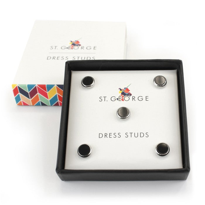 Black dress studs. Pack of five in a presentation box. View our bespoke range of cufflinks and dress studs at Eclectic Hound. Click to browse our stunning collection and start browsing today. 